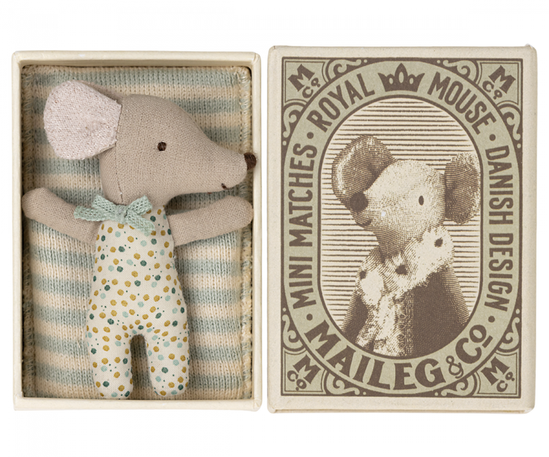 Sleepy/wakey baby mouse in matchbox - Blue