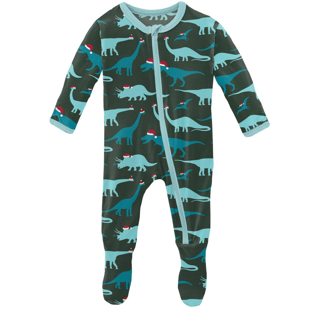 Kickee Pants Print Footie with Zipper Santa Dinos