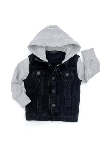 HOODED DENIM JACKET - BLACK WASHED DENIM