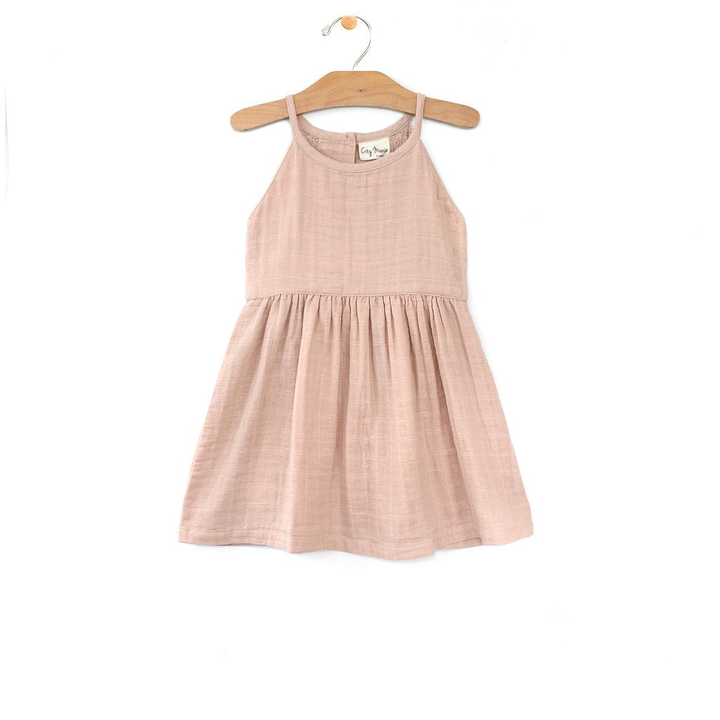 City Mouse Soft Peach Muslin Lace Back Dress