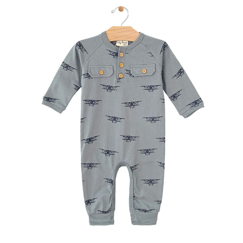 City Mouse Top Pocket Romper- Jersey Biplanes