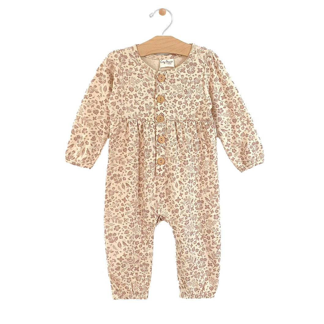 City Mouse Button Gathered Romper - Dusty Rose Garden