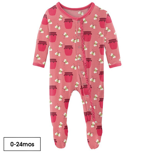 Print Muffin Ruffle Footie with Snaps in Strawberry Bees and Jam