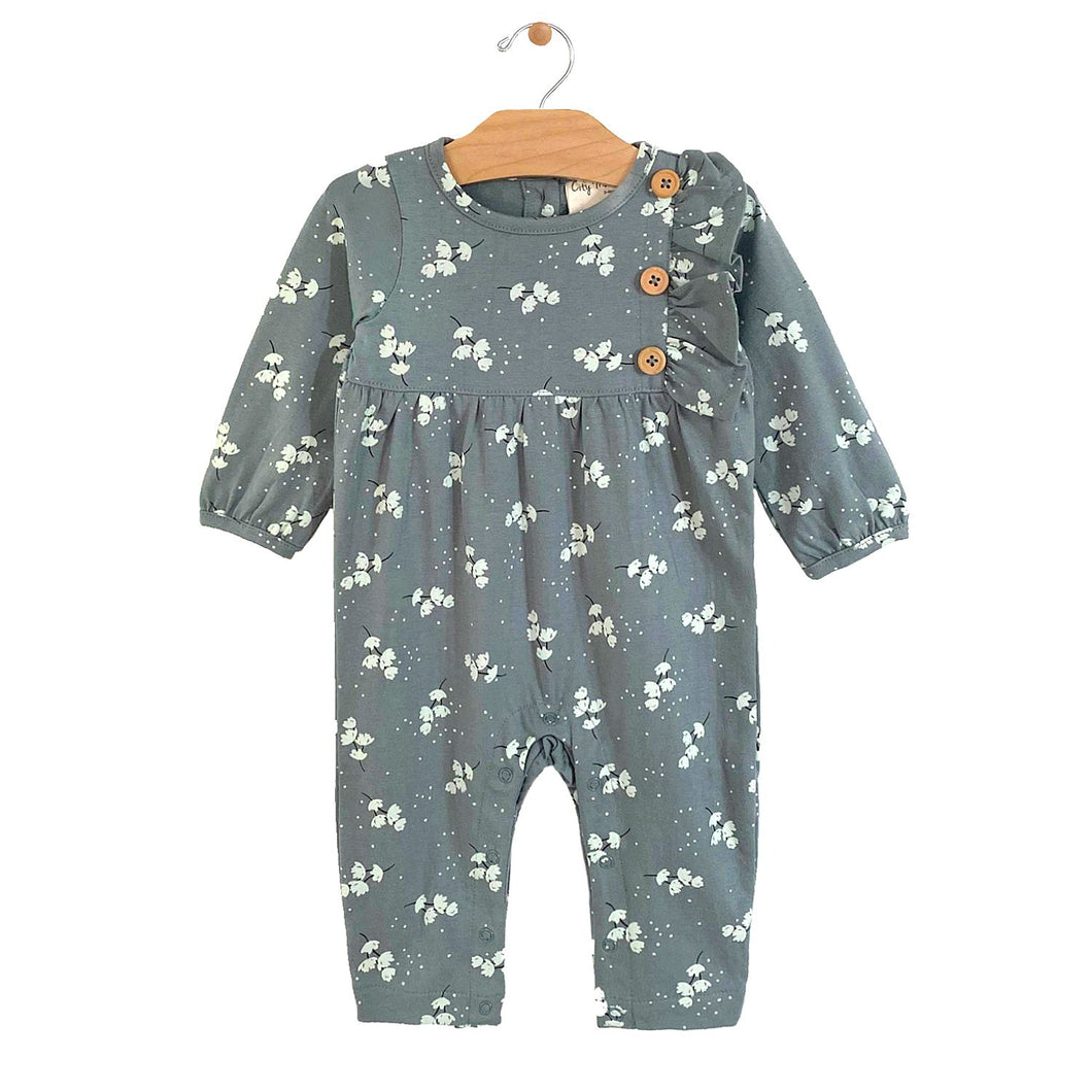 City Mouse Side Button Romper- Jersey Teal Puffs